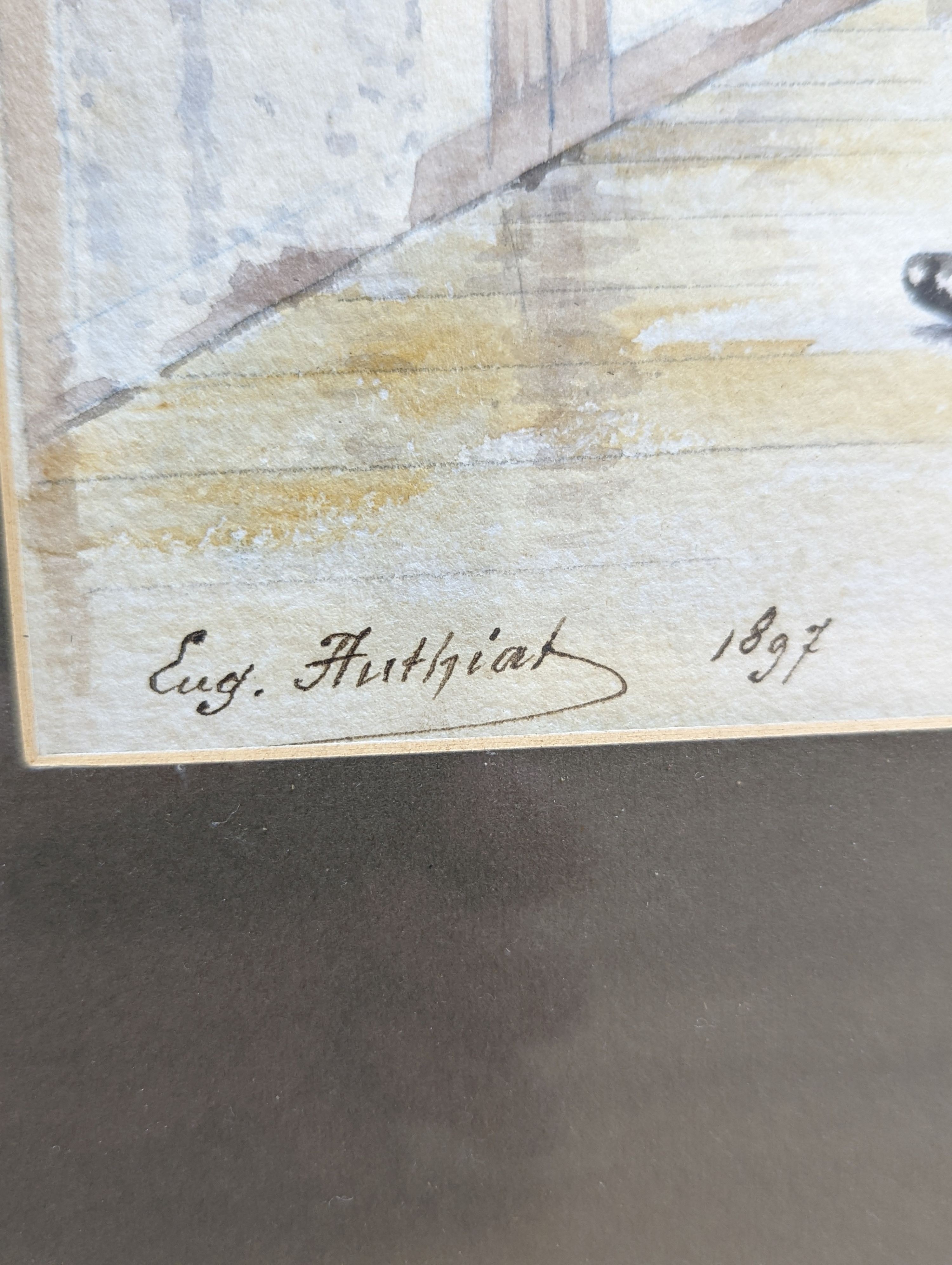 19th century French School, watercolour, Gentleman shaving, signed Eugene Flu... and dated 1897, 29 x 16cm